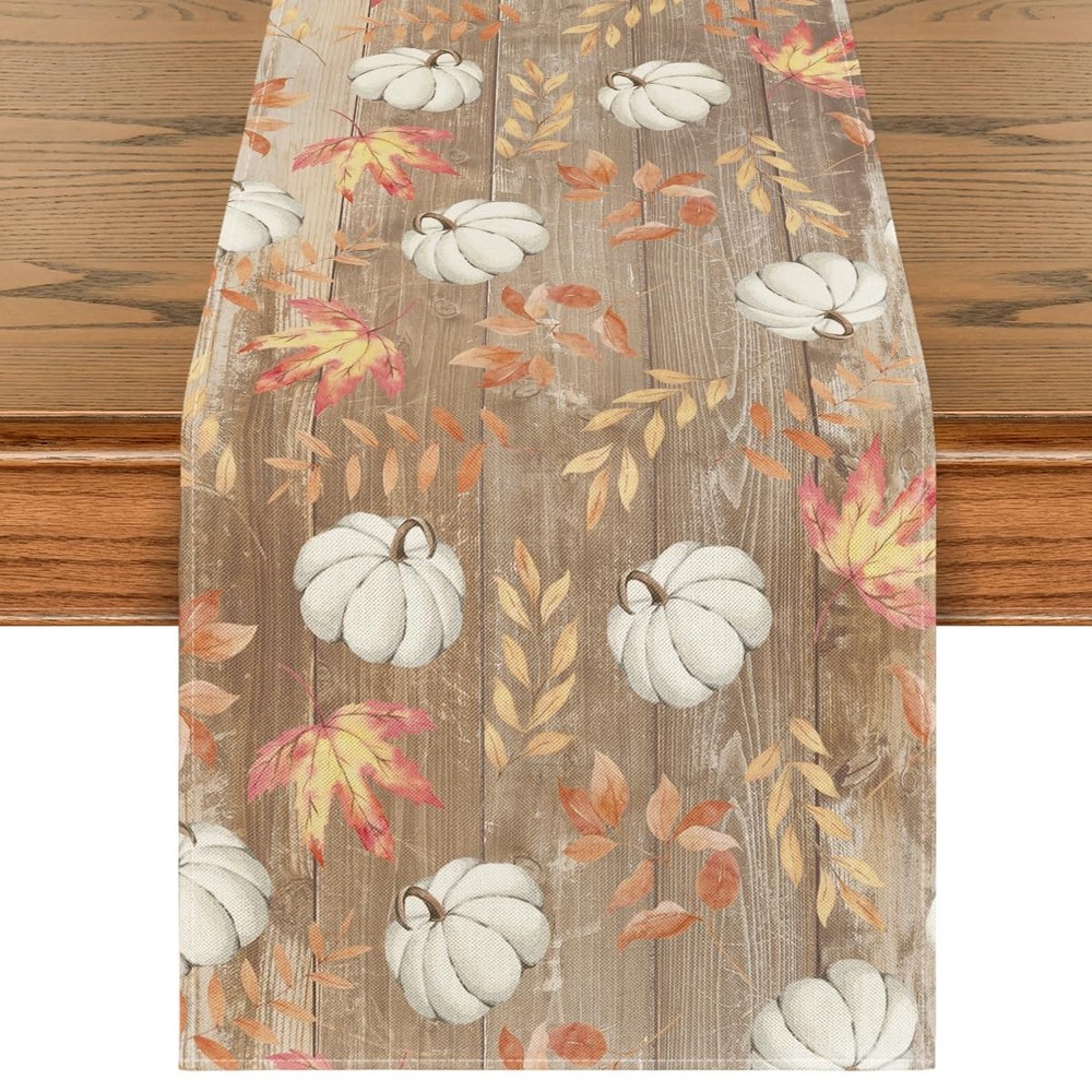 Fall Decorations White Pumpkins Maple Leaves Brown Table Runner Gift 13"x72"