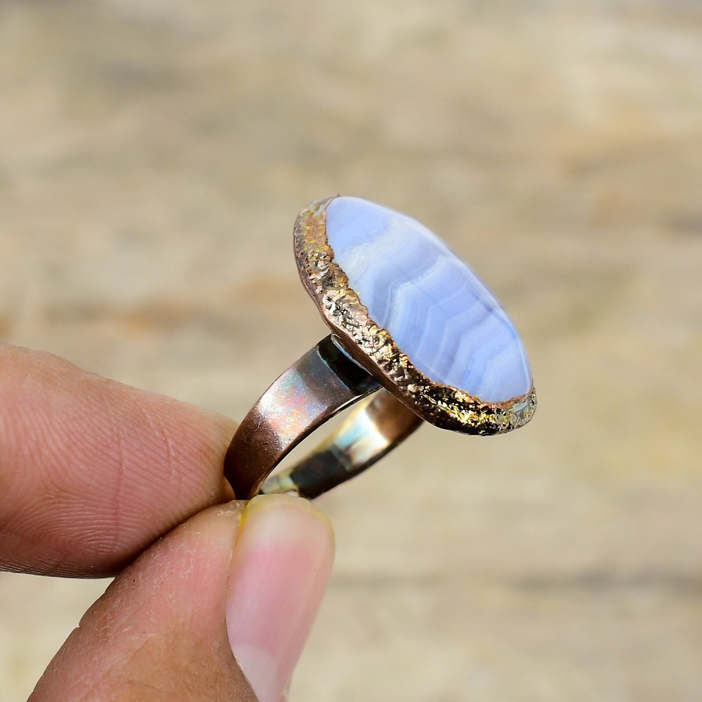 Blue Lace Agate Copper Mum Gift Electroformed Adjustable Ring Size Adjustable