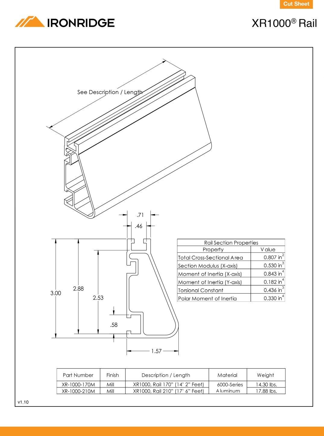 IronRidge XR-1000-170M Rail Mill XR1000 PRE-CUT