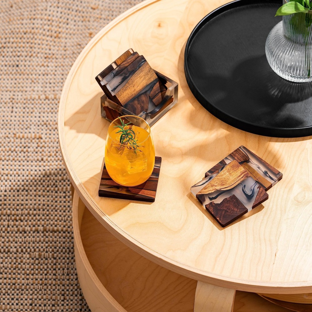 Walnut Coasters Set, Modern Coasters with Holder Square