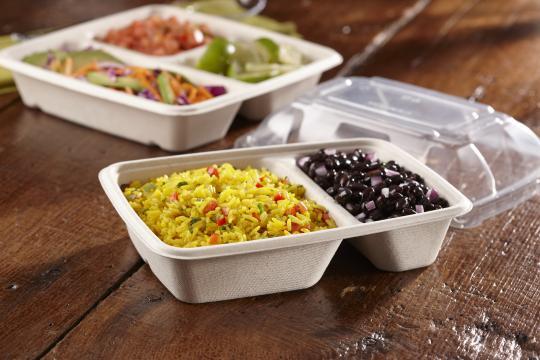 Sabert Pulp Two-Compartment Rectangular Container, 16/8 oz, Certified
