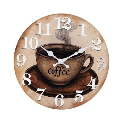 Kitchen Wall Clock Coffee Cup Theme Rustic Modern Farmhouse Decor 8" Brown