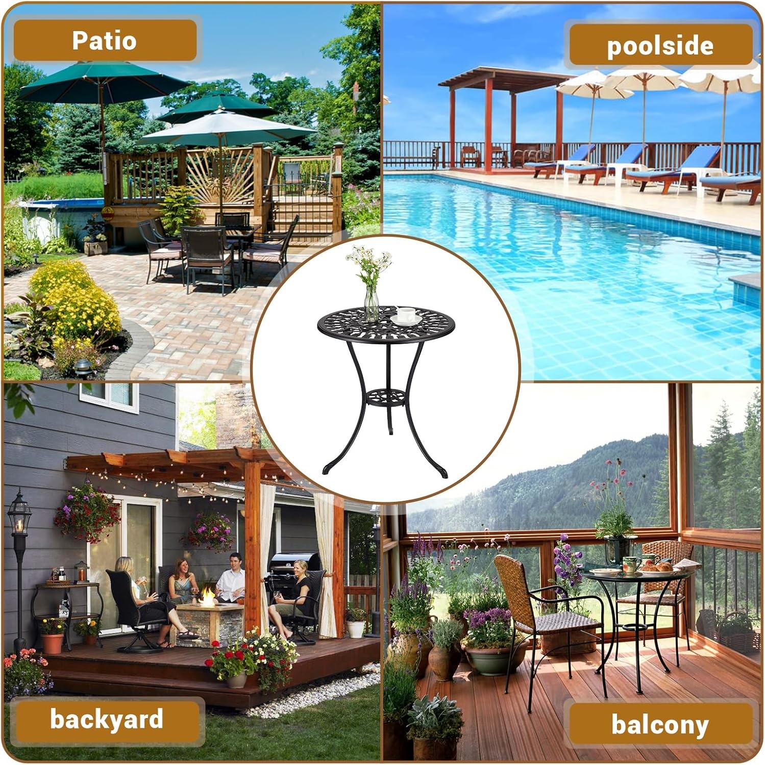 Round Patio Dining Table Cast Aluminum Outdoor Bistro Table With Umbrella Hole
