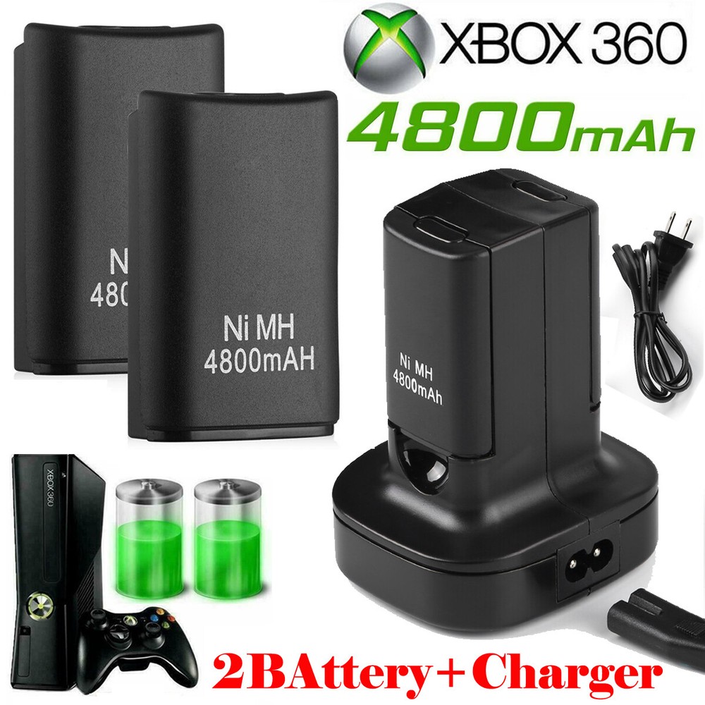 2 Battery Pack & Charger Dock For Microsoft Xbox 360 Wireless Controller Black