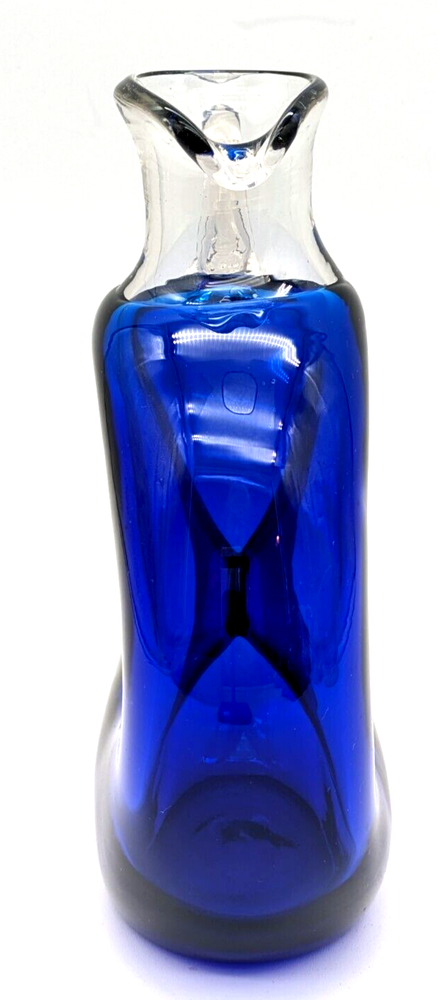Hand Blown Art Glass Cobalt Blue Pinched Pitcher Applied Handle