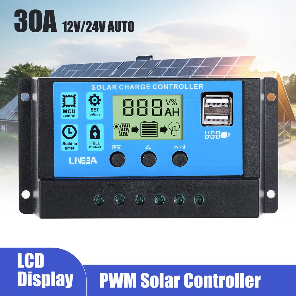 30A Solar Panel Battery Charge Controller 12V/24V LCD Regulator Auto Focus 2 USB