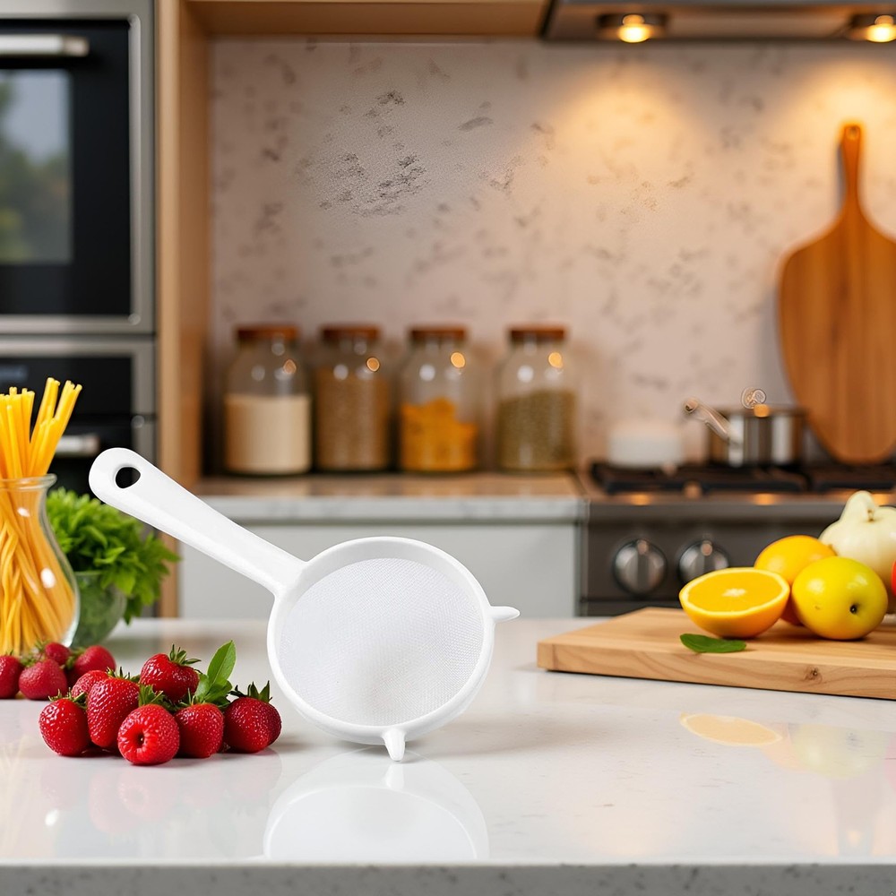White Mesh Kitchen Sifter 16cm Plastic Strainer Sieve with Handle for Tea