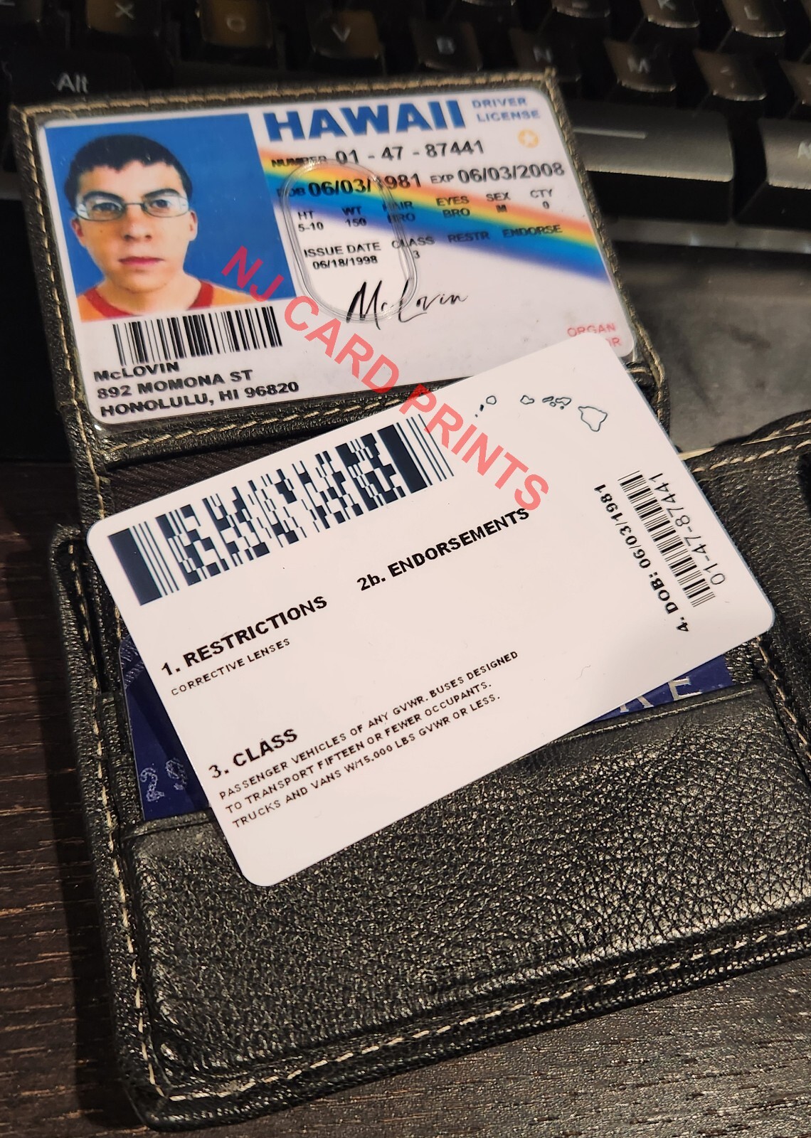 McLovin Novelty ID card / Superbad Movie / Hawaii License. Wallet sized PVC!