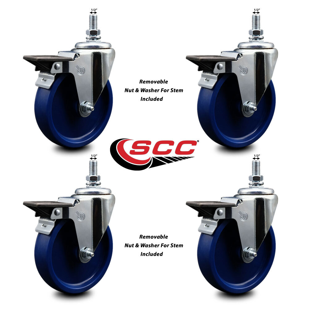5 Inch Solid Polyurethane ½ Inch Threaded Stem Caster Set with Brake