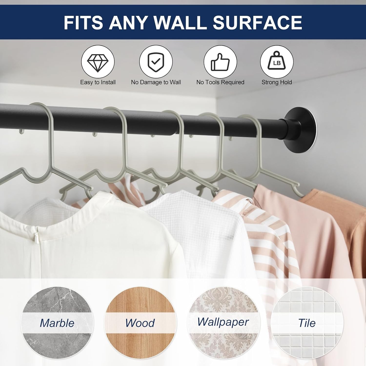 No Drilling Closet Rod for Hanging Clothes Closet Wardrobes Bathroom Laundry