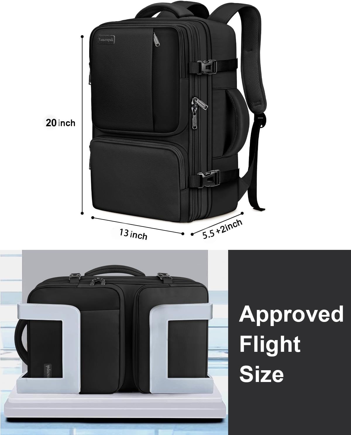 Vancropak 47L Expandable Carry On Travel Backpack w/3 Cubes Flight Approved