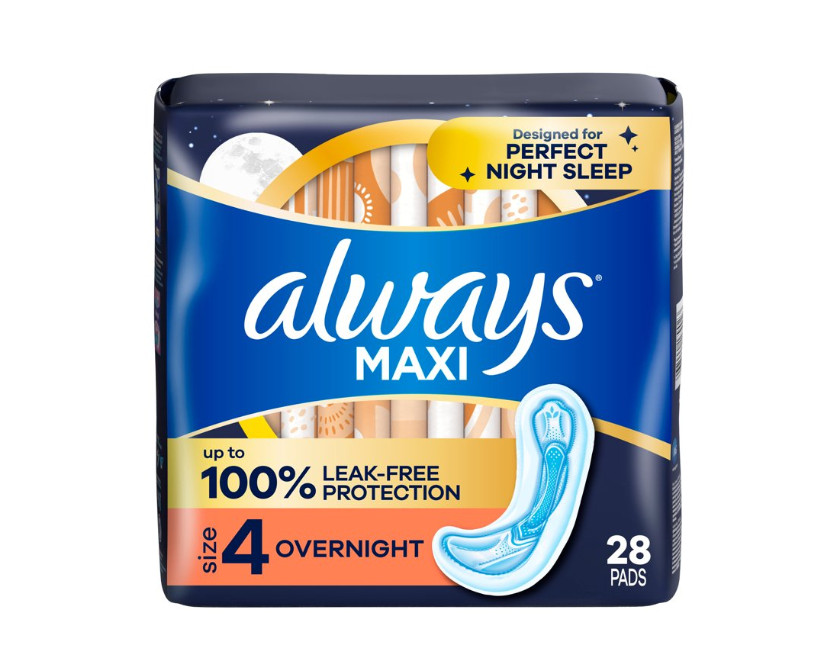 Always Maxi Pads without Wings – Size 4, Overnight Absorbency, 28 Count
