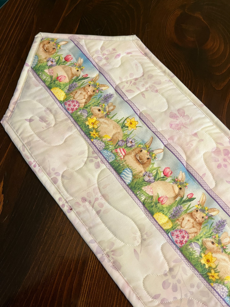 Handcrafted-Quilted Table Runner -Easter - Stripe of Easter Rabbits & Flowers