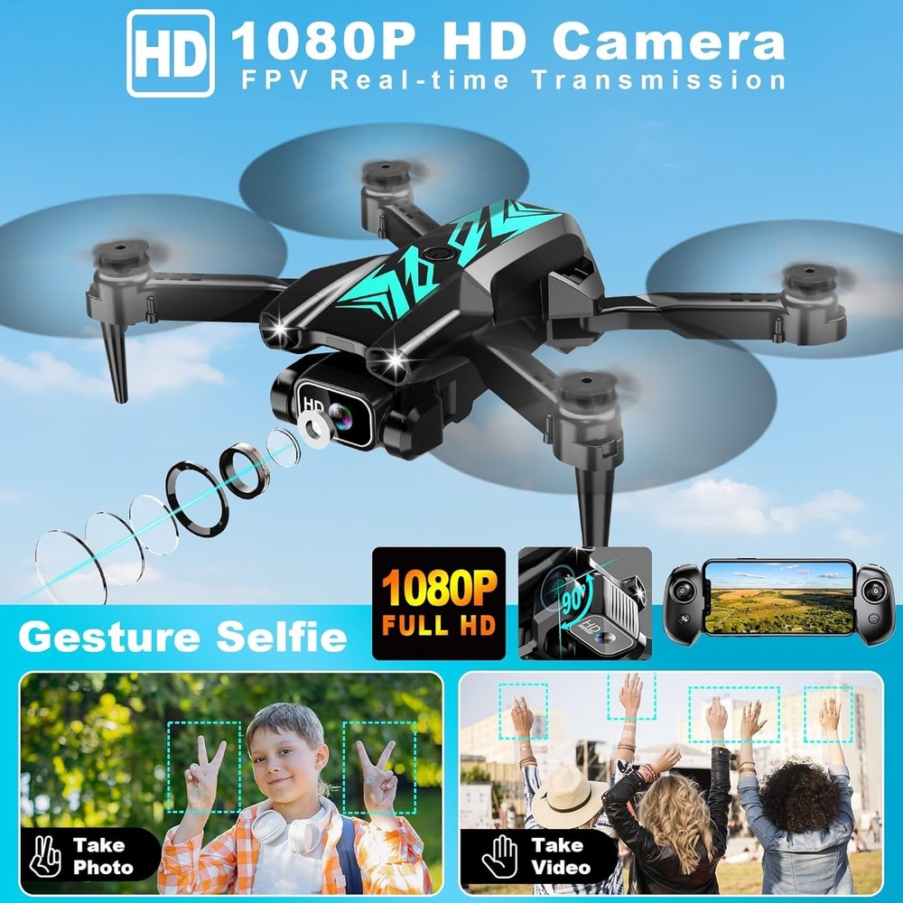 Cyan Mini Drone with Camera 1080P FPV Foldable App Control for Beginners