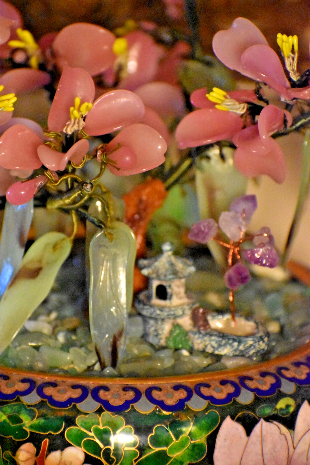 12" VINTAGE BONSAI PEKING JADE TREE IN CLOISONNE BOWL W/EBONY HANDCARVED STAND