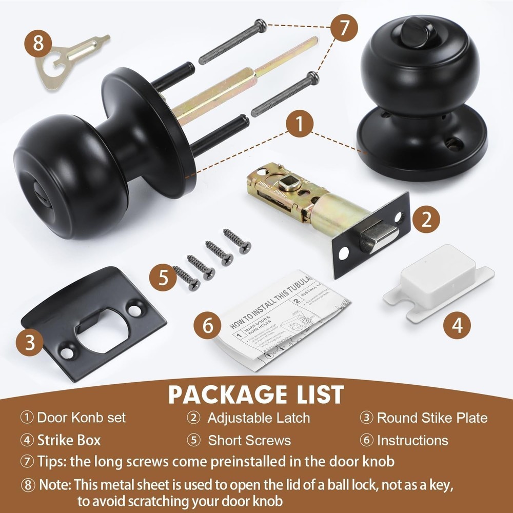 Privacy Door Knobs, 2 Pack Matte Black Door Knobs with Lock, Bed and Bath Door