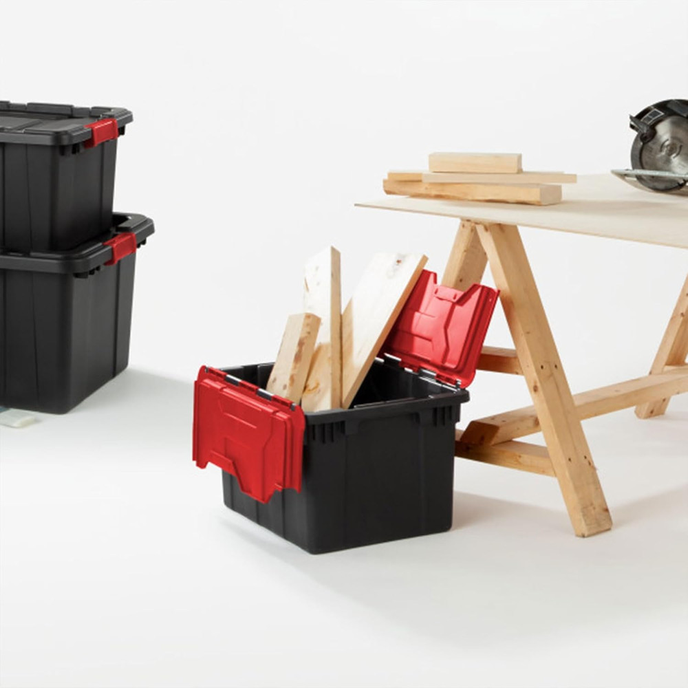 6 Pack Stackable 12 Gal Totes with Hinged Lids - Black/Red Storage Bins