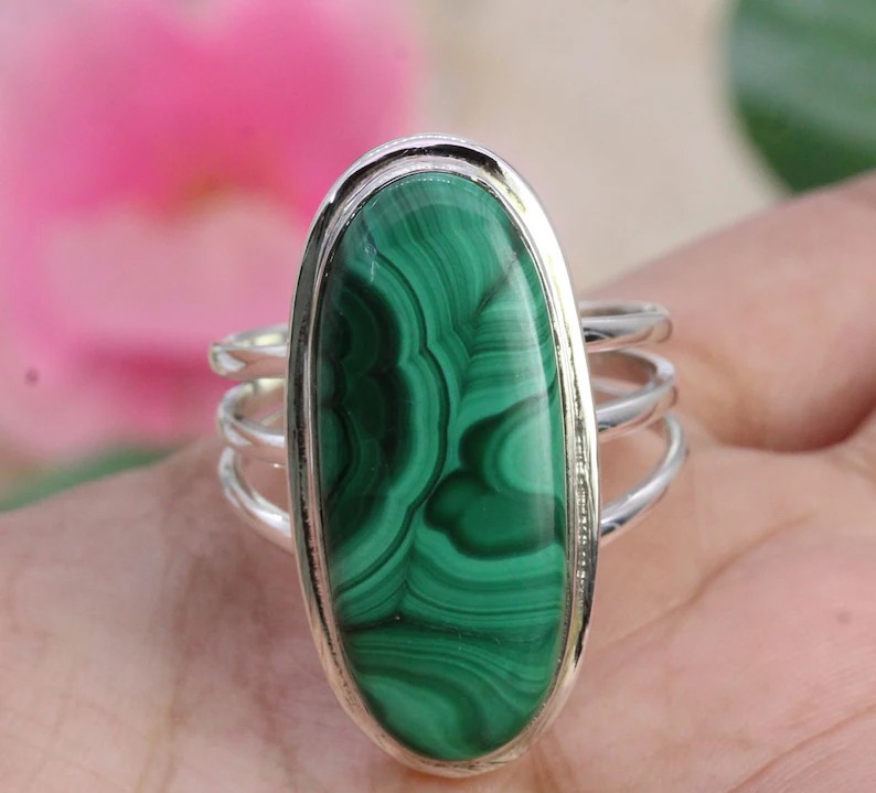 Solid 925 Sterling Silver Natural Malachite Oval Gemstone Statement Band Ring