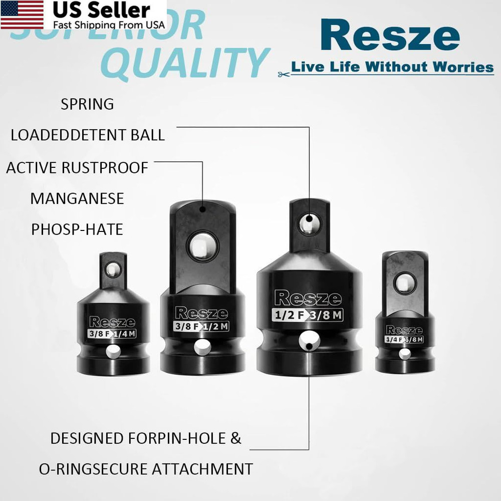 Resze 4PCS Impact Socket Adapter and Reducer Set,1/4" & 3/8" & 4PC, Black