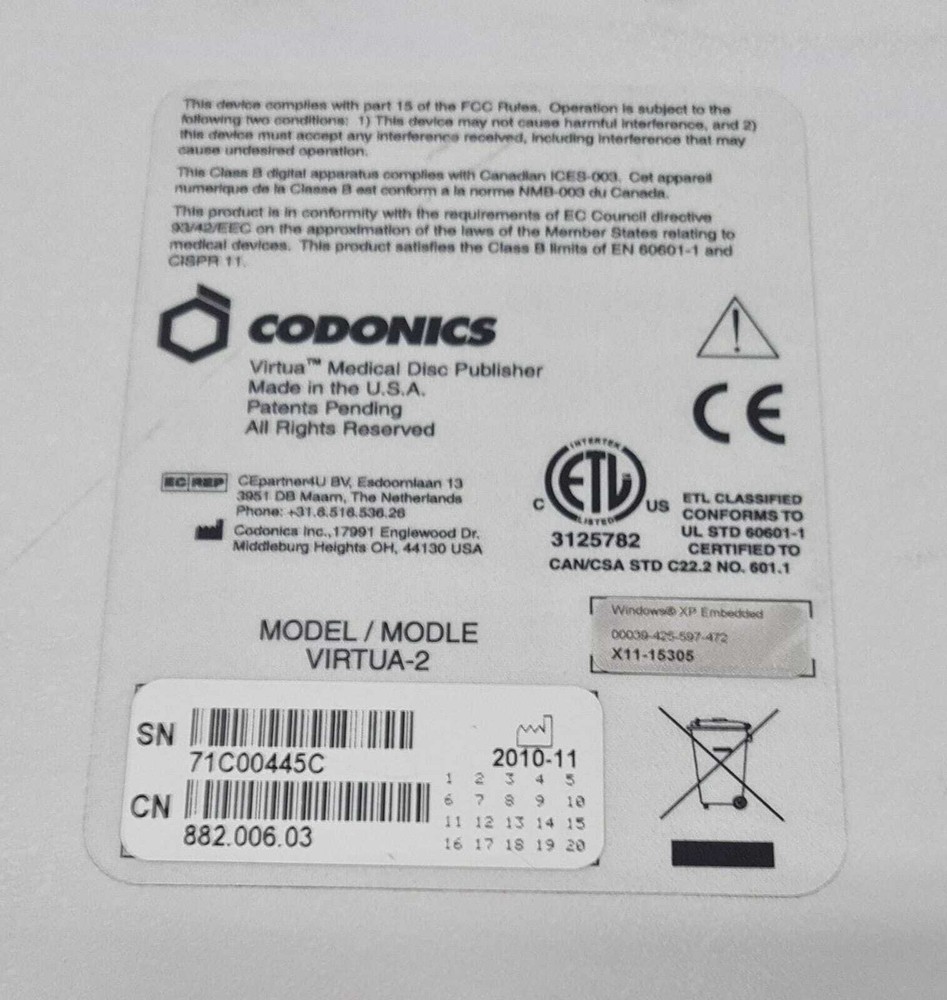 Codonics Virtua-2 Publisher Color Disk 882.006.03 Printer Duplicator W/ Windows