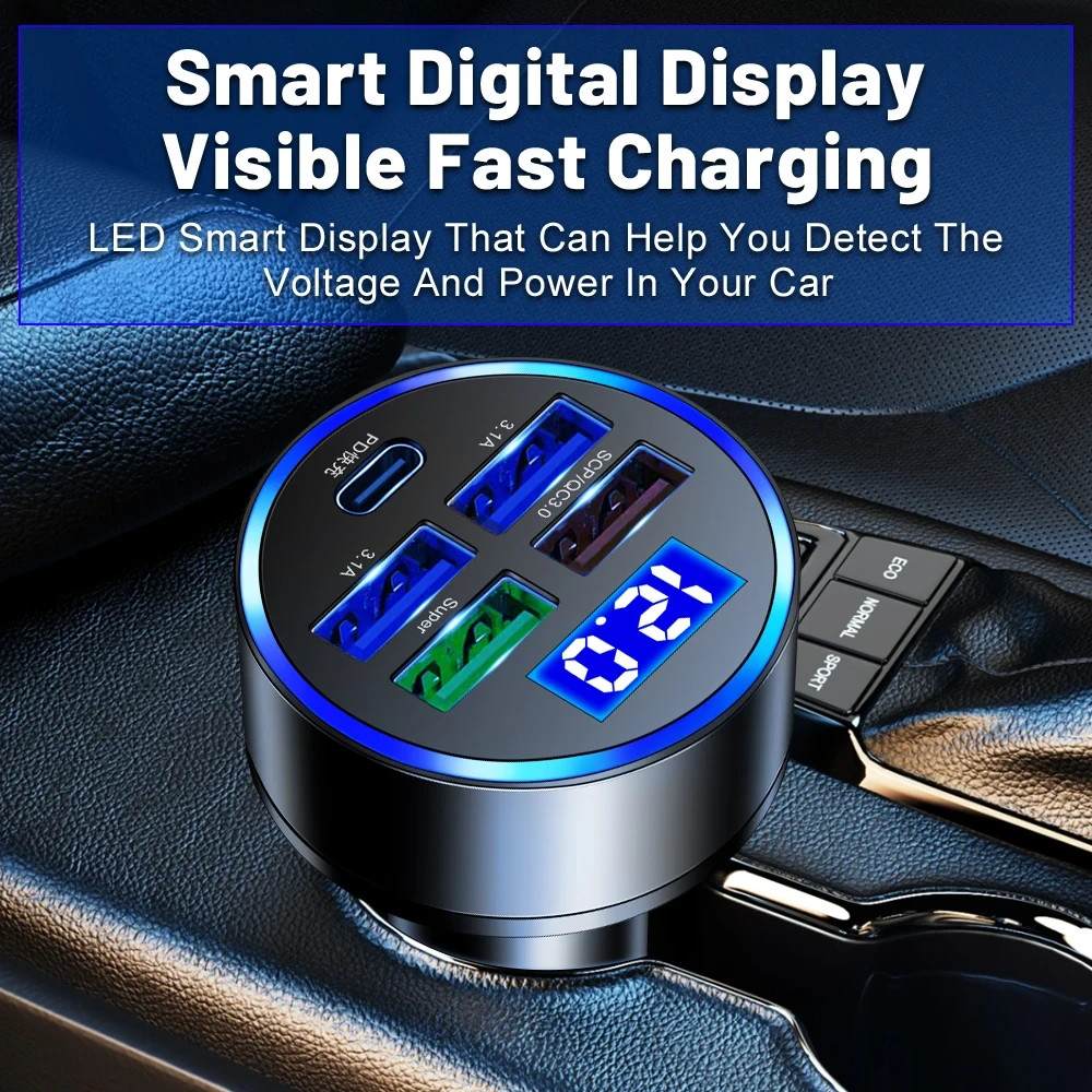 Super Fast Car Charger Adapter USB 5-Port Voltmeter for iPhone Samsung Android