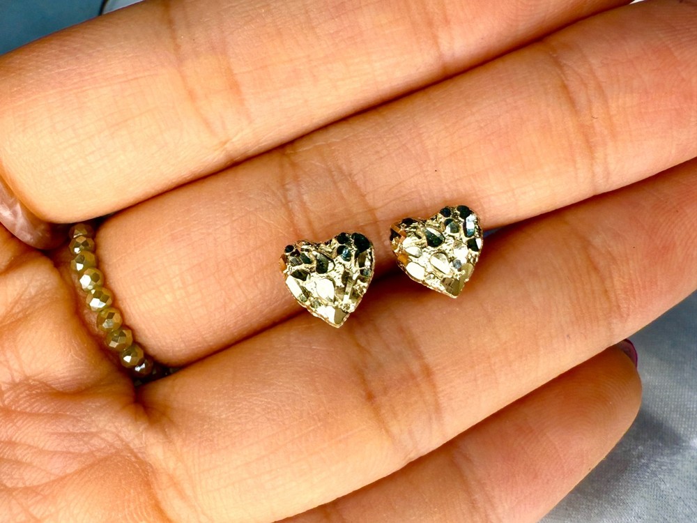 10K Real Solid Yellow Gold Heart Nugget Earrings
