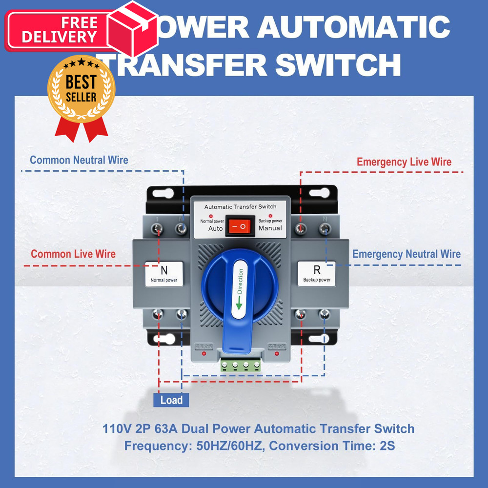 110V Dual Power Automatic Transfer Switch, 2P 63A CE 1pc Blue - 110V-2P