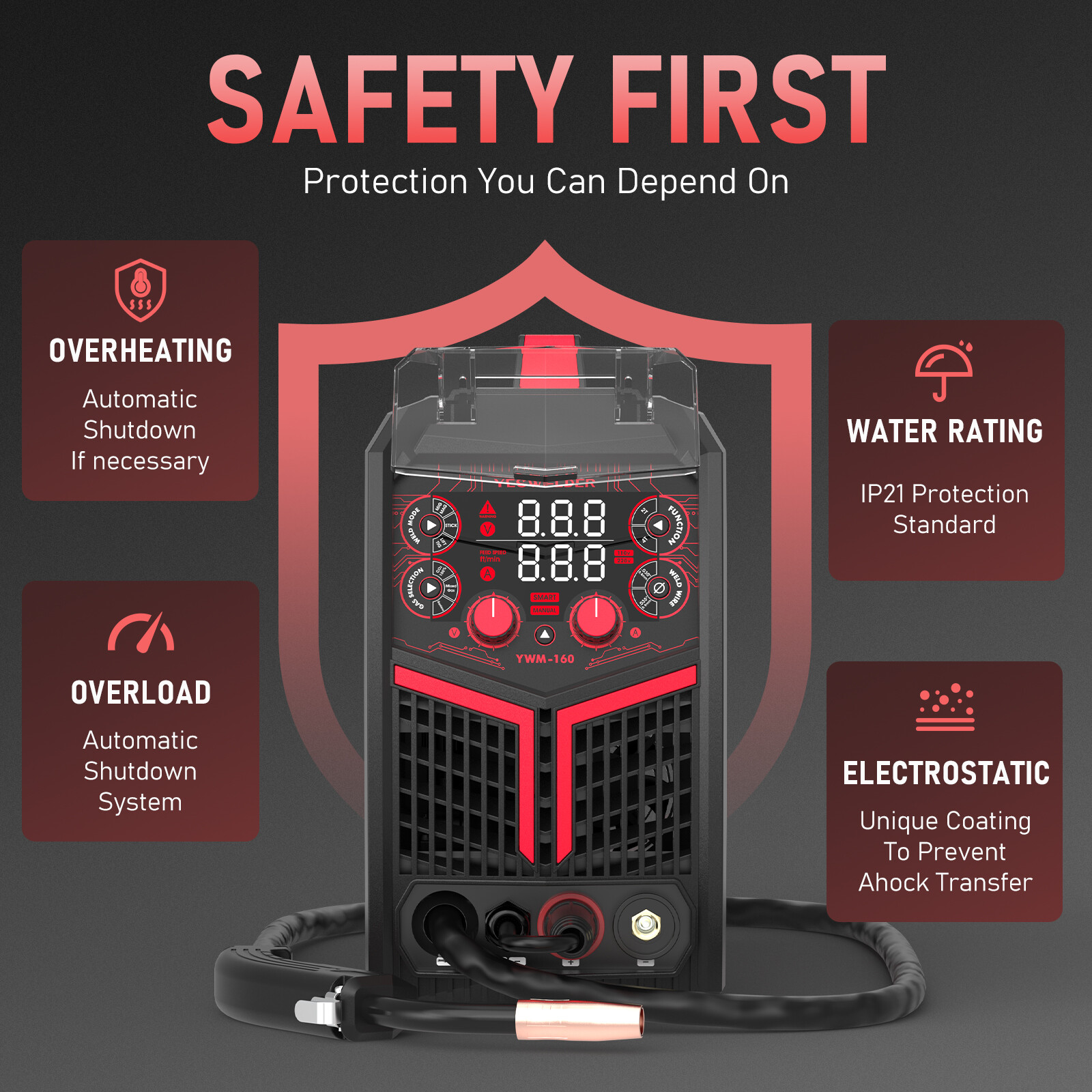 Gas/Gasless MIG Welder, Synergic Control 110/220V 160Amp Welding machine