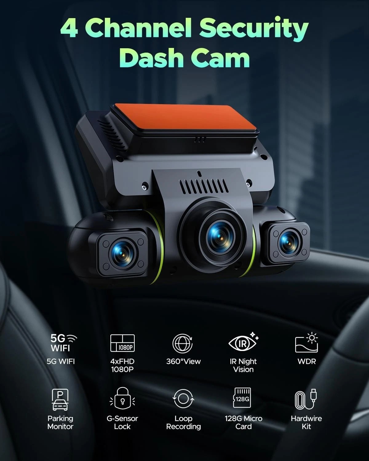 LAMTTO 4 Channel DashCam 360°Front Rear Inside 1080P Camera 128G Parking Monitor