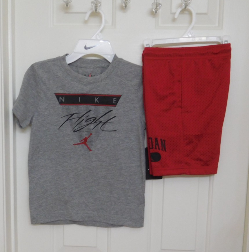 NWT 2pc Jordan Gray Flight Logo Shirt & Red Shorts Set sz 7