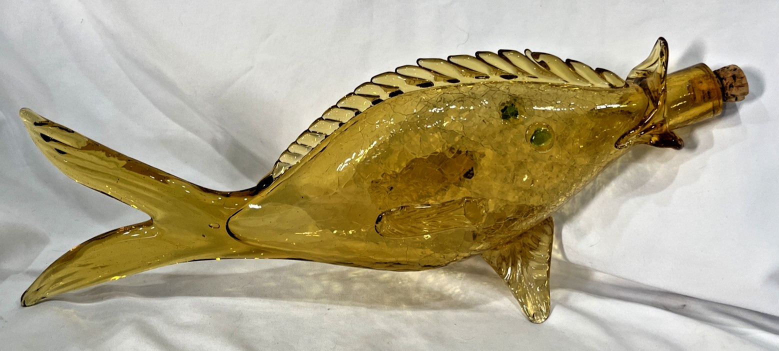 Vintage Amber Green  Murano Crackle Glass Fish Decanter