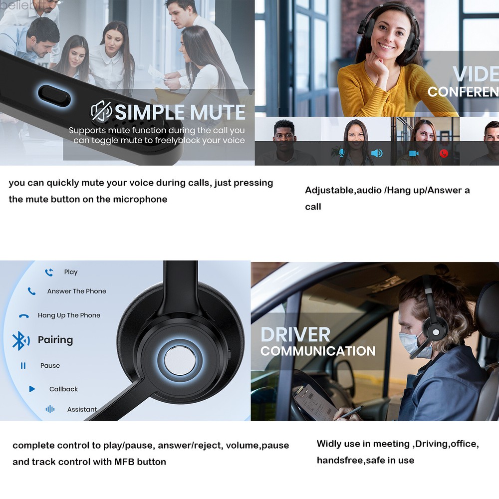 Wireless Headphones Headset +USB Dongle & Mic Mute for Laptop/PC/iPhone/Android