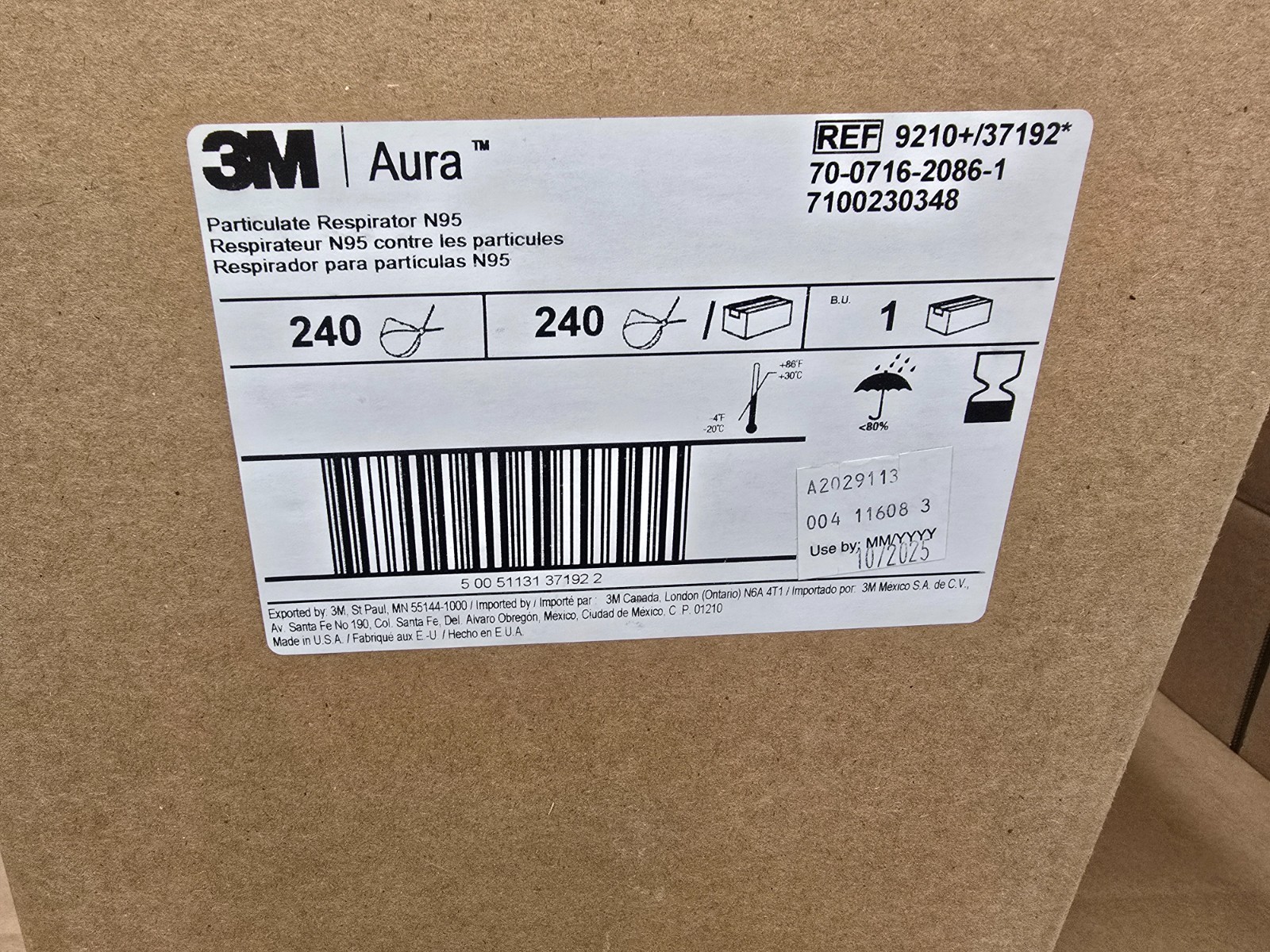 3M Genuine Aura 9210+ N95 Particulate Respirator Disposable Masks Case of 240