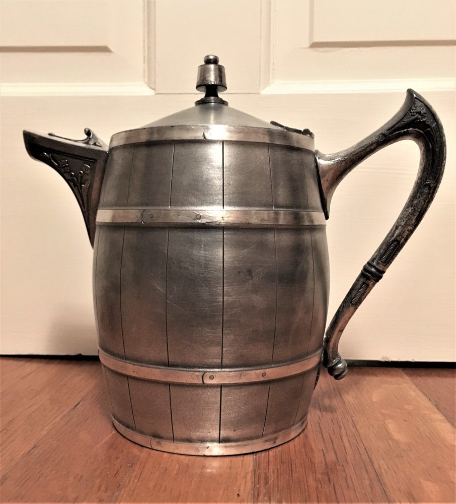 LARGE VICTORIAN REED & BARTON SILVERPLATED BARREL JUG PITCHER, JA’S STIMPSON