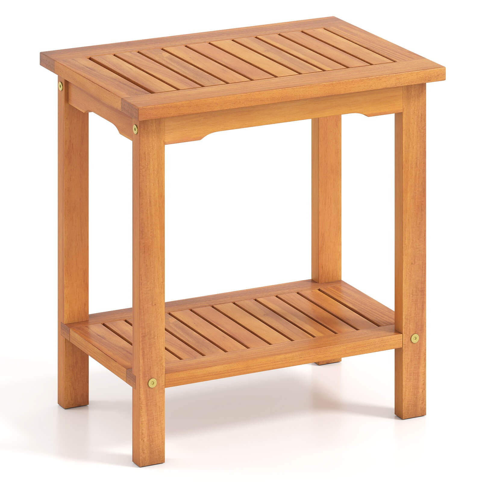 Outdoor Acacia Wood Side Table 2-Tier Patio End Table with Slatted Tabletop