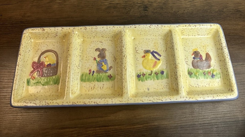 Vintage Easter Bunny Chick Divided Serving Tray 4 Section Spring Platter 17”