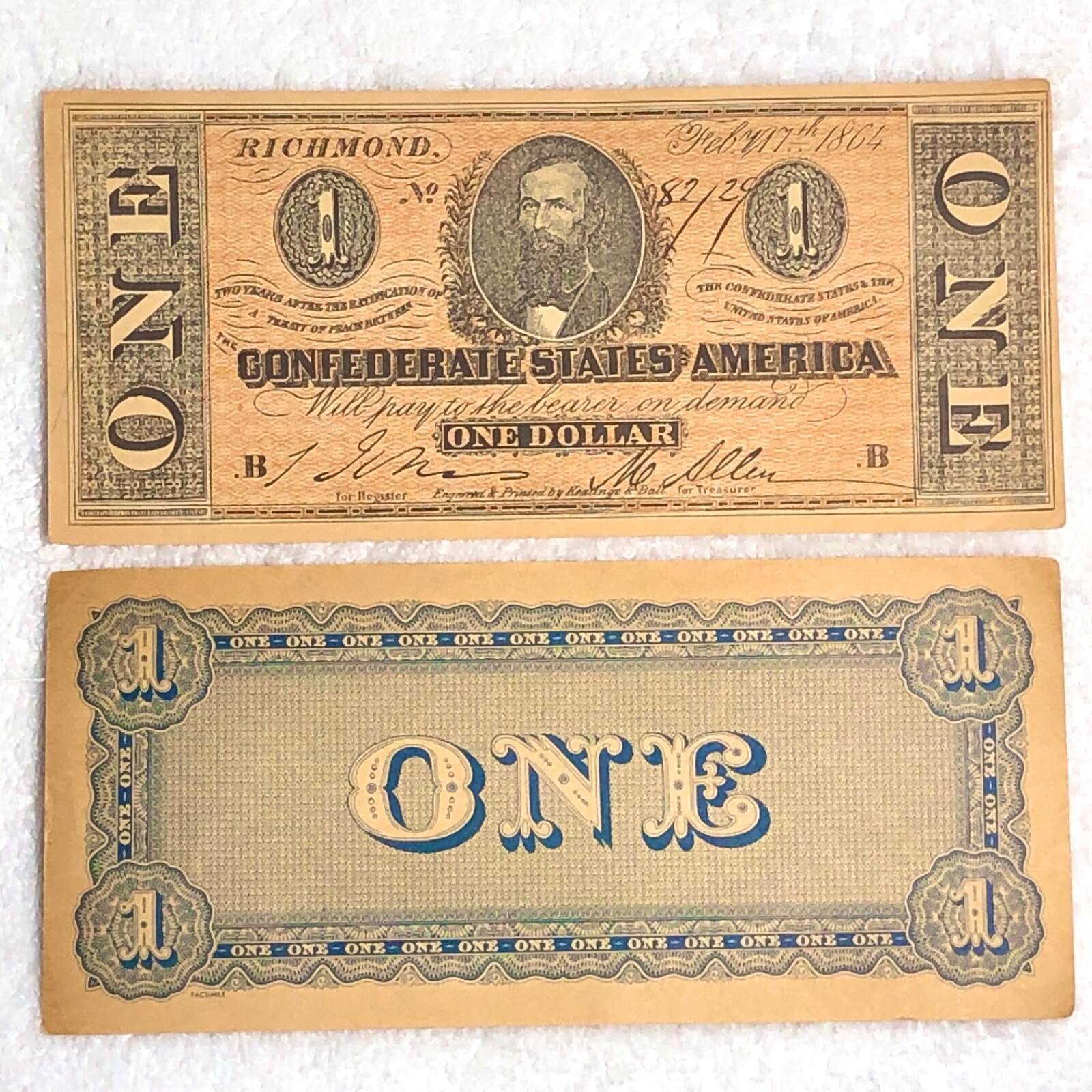 Vintage Confederate States of America 1864 One Dollar Bill Reproduction Money