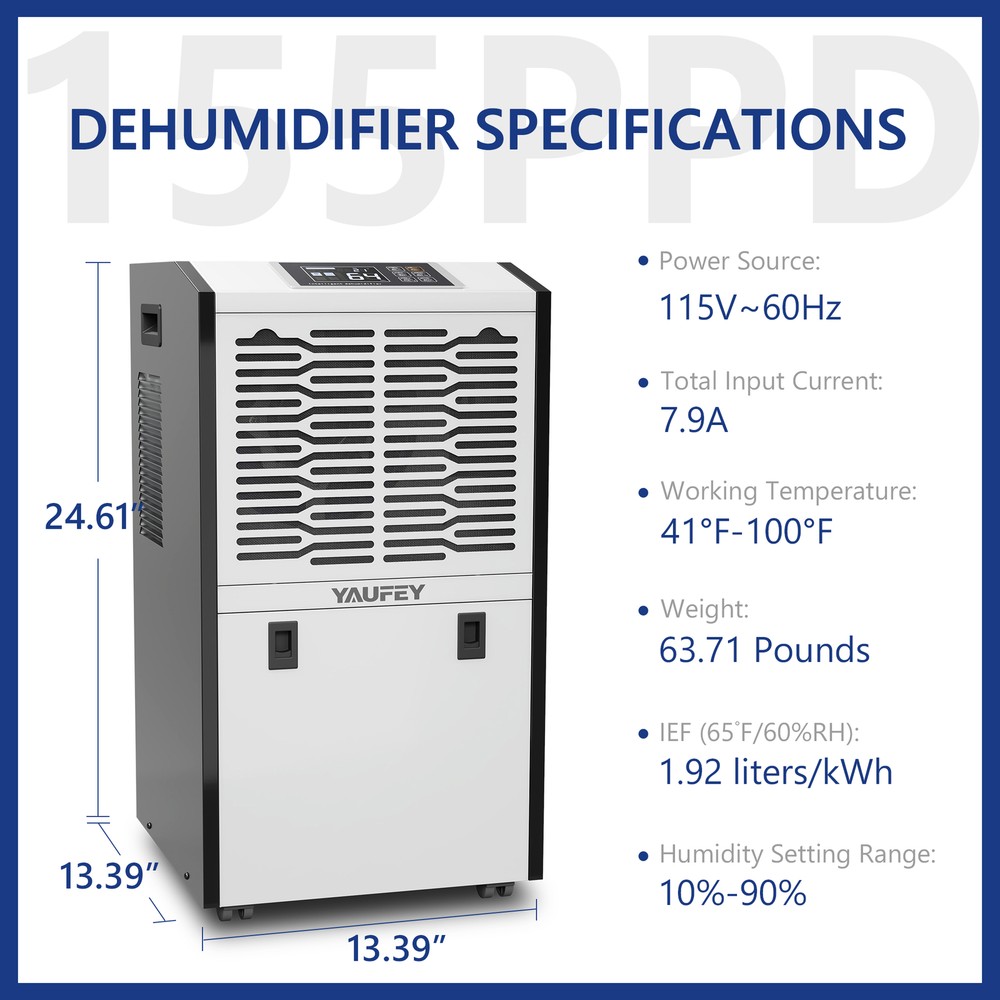 155 Pints Commercial Dehumidifier for Large Basement & Warehouse