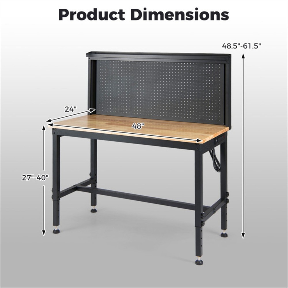 48" Heavy Duty Workbench 2000LBS Capacity 7-Level Height Adjustable Power Strip