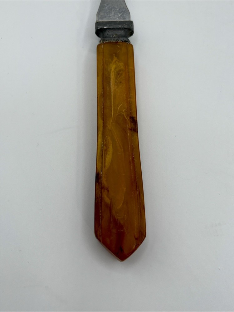 Vintage Bakelite Serving Fork Butterscotch Yellow Marbled Art Deco Corn