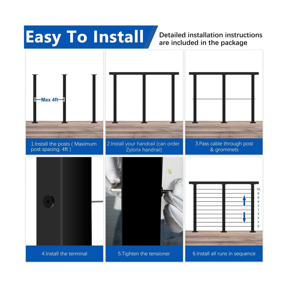 36" Expandable 16-20FT Black T304 Cable Railing Post Kit, Complete Cable Rail...