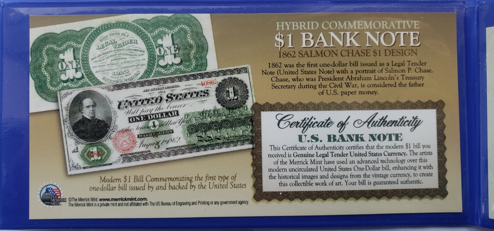 1862 Salmon Chase Civil War Treasury Banknote designed on UNC New $1