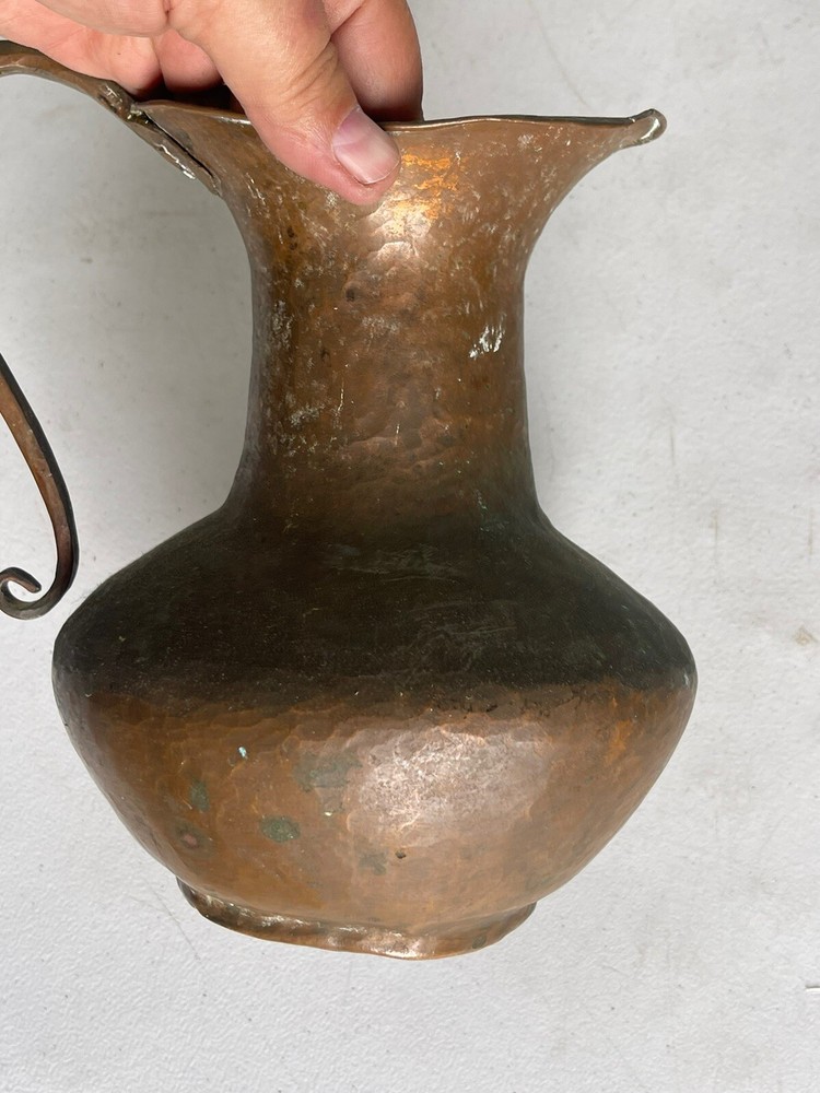Antique Hammered Copper Pitcher with Scrolled Handle