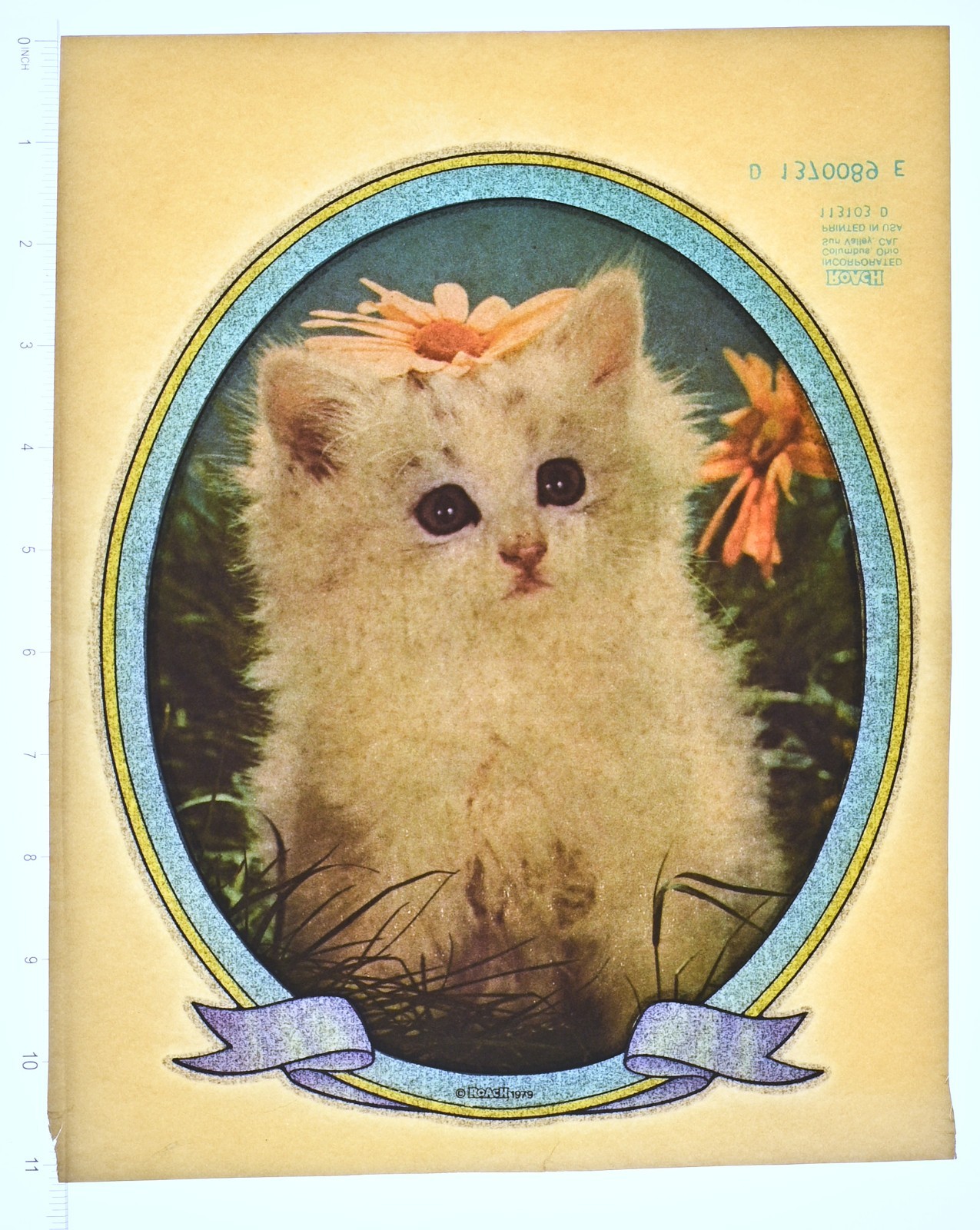 VINTAGE 1979 Heat Transfer | White Kitten with Flower Glitter