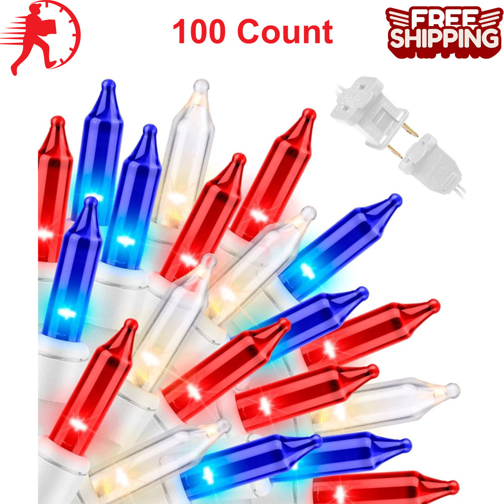 100 CT Red White and Blue Mini String Lights with White Wire, Connectable 19.6ft