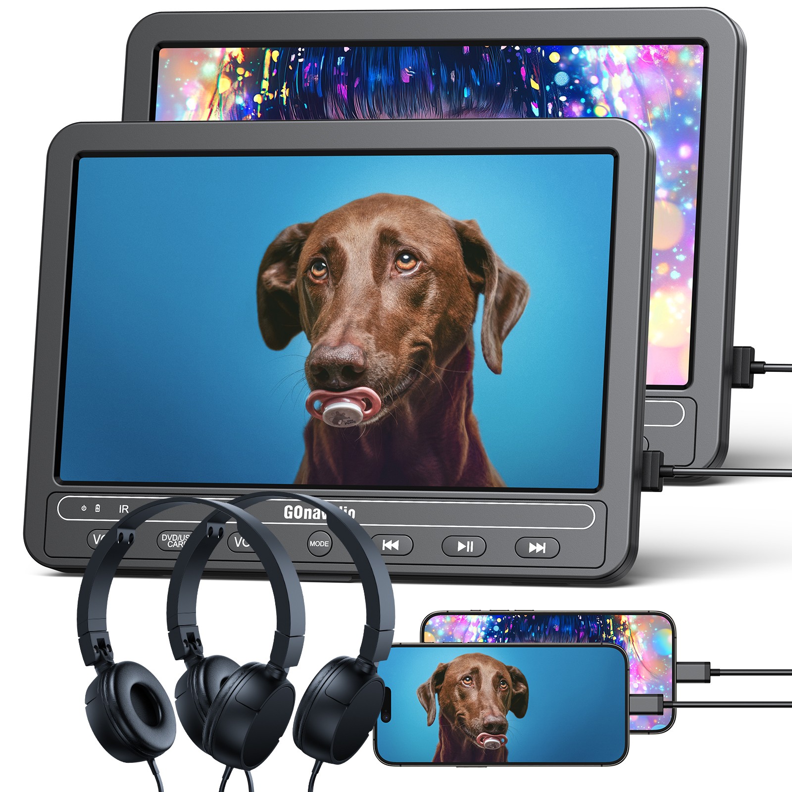 2 x 10.5" Car Headrest Monitor Portable DVD Media Player w/Headsets HDMI USB SD