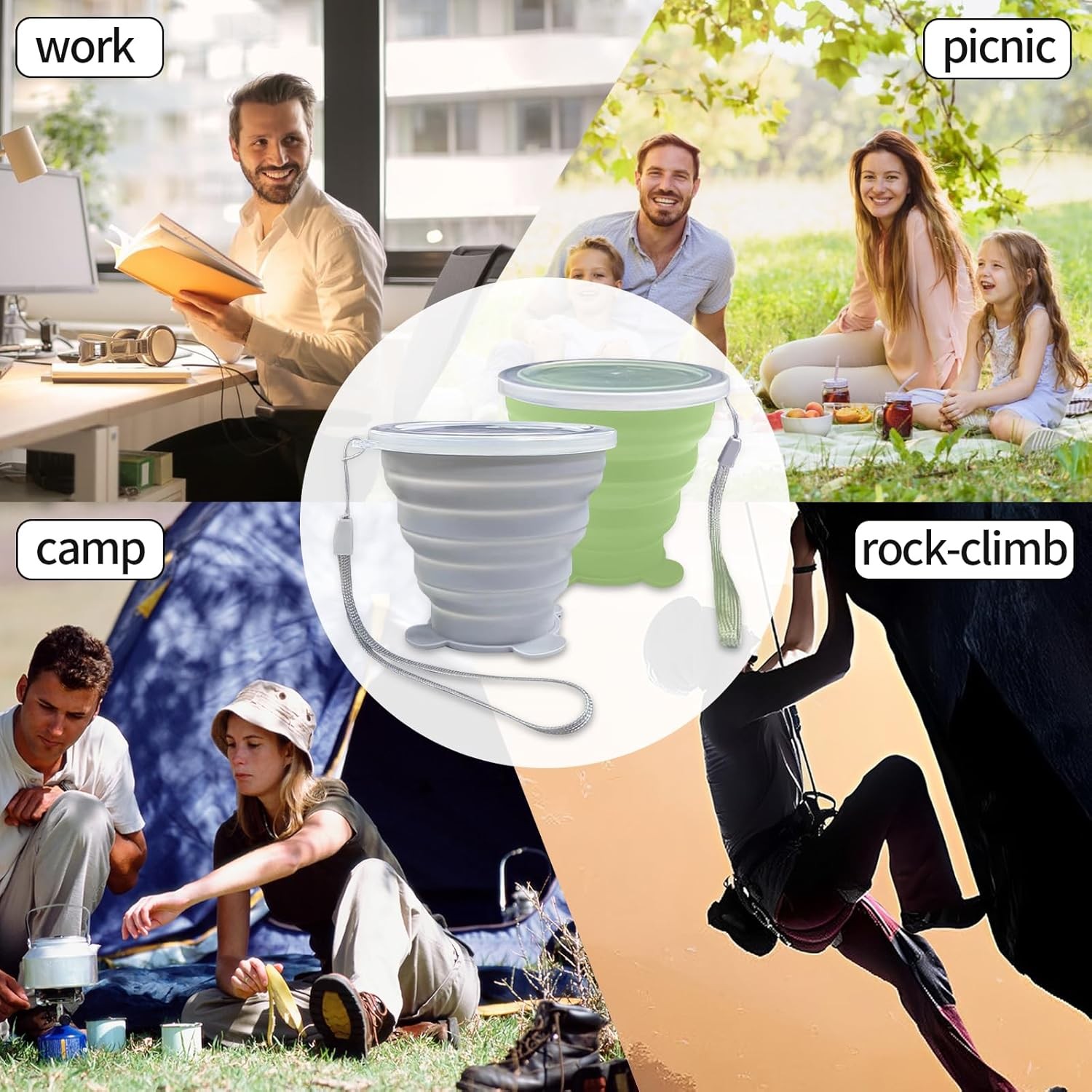 2 Pcs Collapsible Cups, Silicone 180+180, Grey&Green