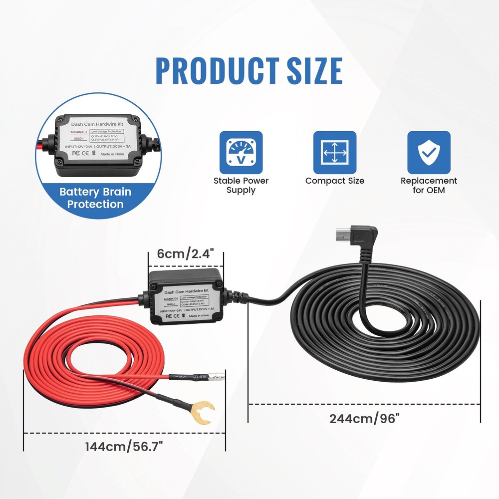 EWAY 3-in-1 Micro USB & Mini USB Type-C Dash Cam Hardwire Kit Car Charging Po...