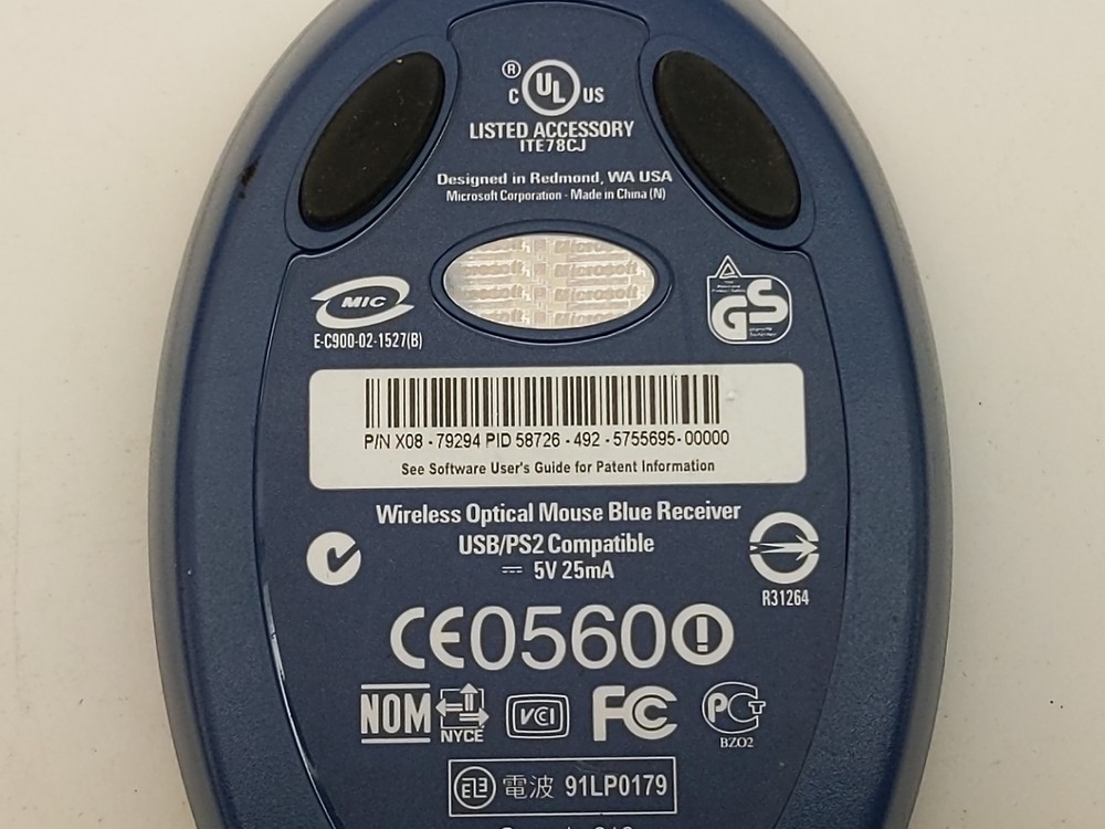Microsoft X08-79294 5V USB PS/2 Compatible Wireless Optical Mouse Blue Receiver