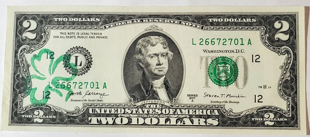 ** "The Shamrock Two" 2017A Series $2 Two Dollar Bill from BEP ***